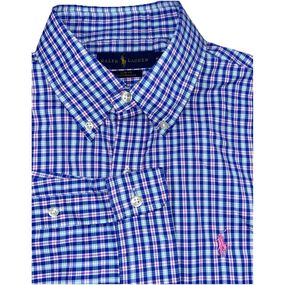 Polo Ralph Lauren Slim Fit Performance Men's Medium‎ Gingham Check Pink Pony